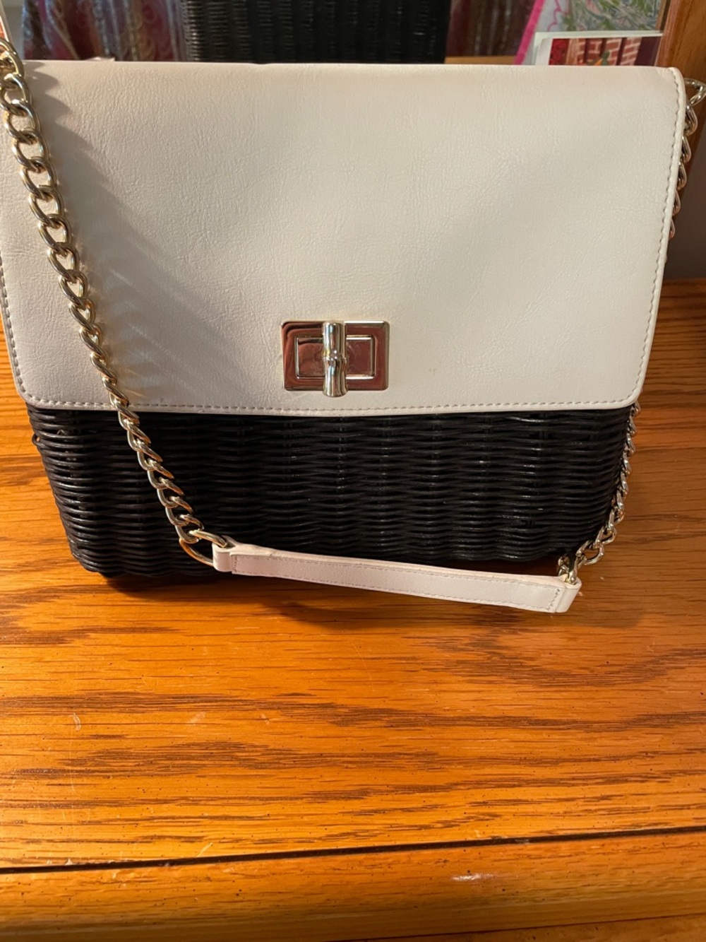 Talbots Two-Tone White and Black Woven Crossbody with Gold Chain